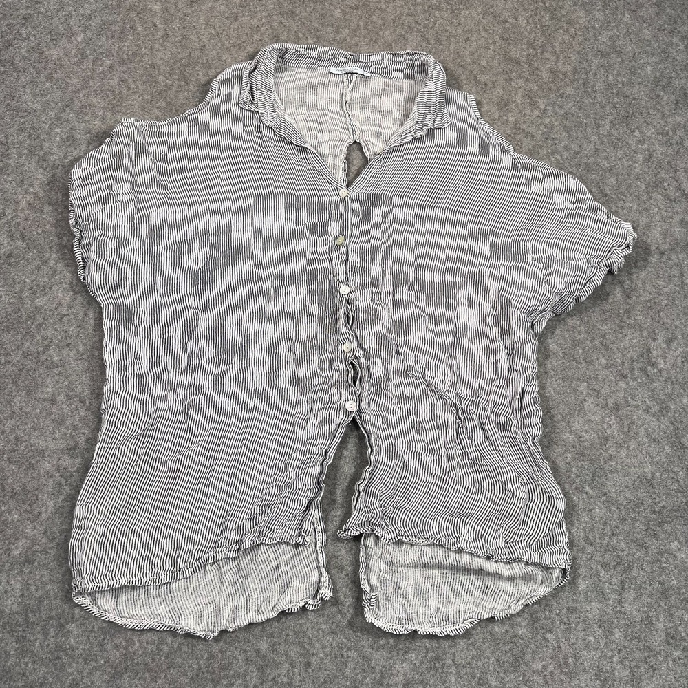 Angela Mara Italian Linen Striped Keyhole Open Back Button Up Top Womens Size Sm